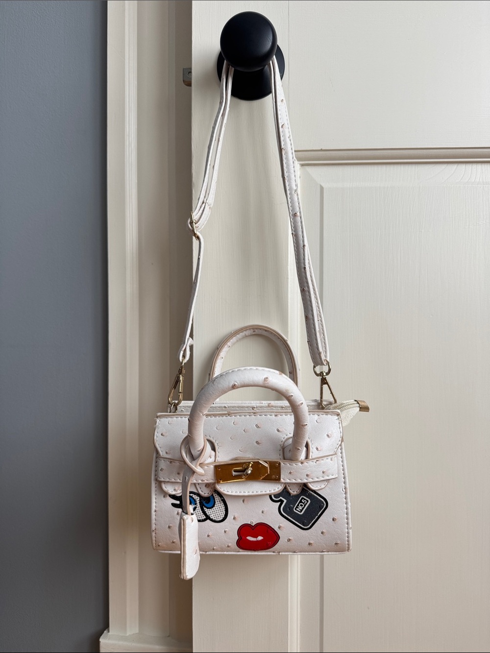 White Mini Crossbody Bag with Graphic Accents